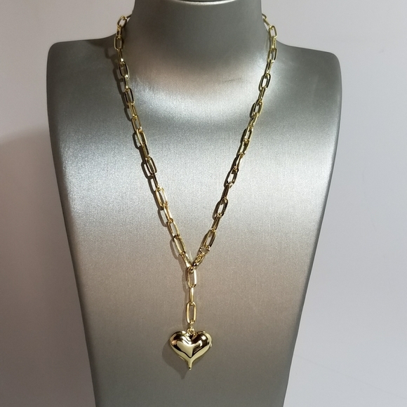 Gold Puff Heart Paperclip Choker Necklace Chain - Picture 8 of 10